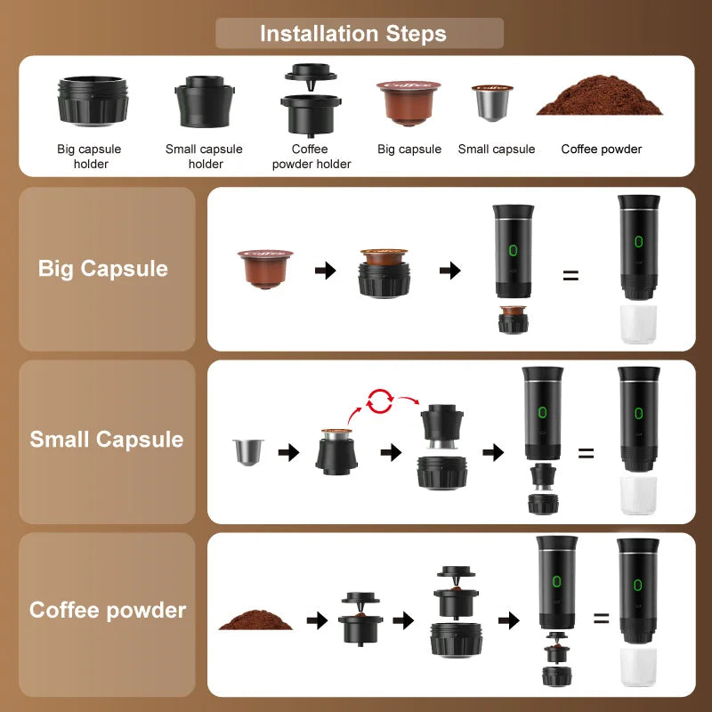 Electric Portable Coffee Machine 3-in-1 Capsule Powder Travel Coffee Maker