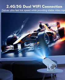 MagCubic™ Portable Cinema Projector displaying a racing car scene, showcasing dual WiFi connectivity for fast, stable video input.