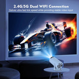 MagCubic™ Portable Cinema Projector displaying a racing car scene, showcasing dual WiFi connectivity for fast, stable video input.