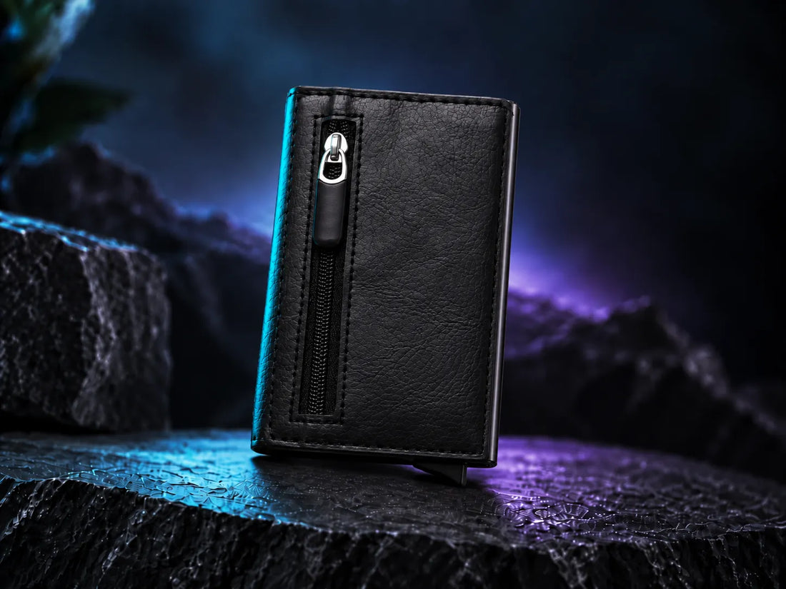 Sleekify RFID Pop-Up Wallet in black premium synthetic leather displayed on a dark stone surface with a slim profile and bottom quick-release mechanism visible.